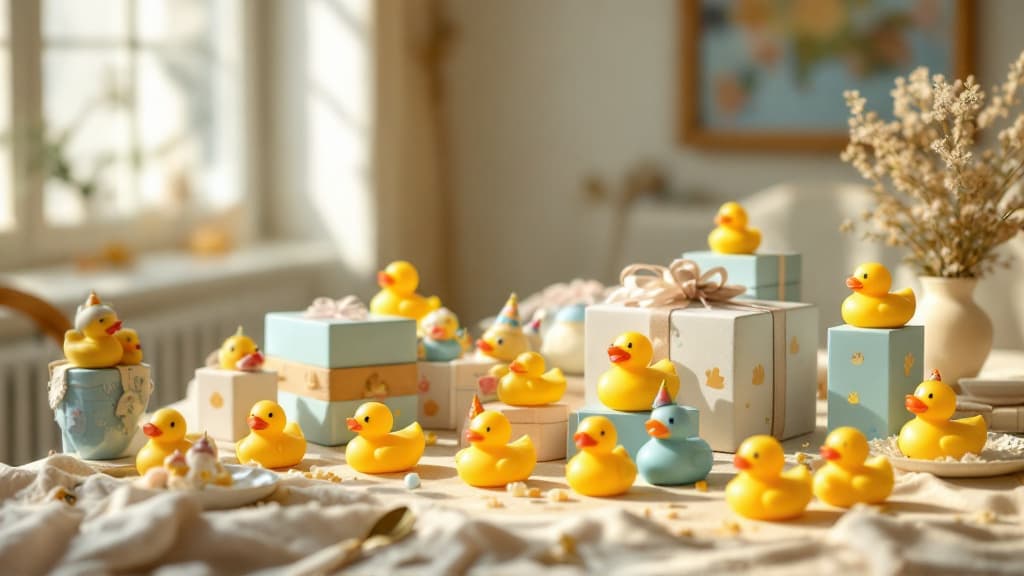 Colorful themed rubber ducks arranged in a curated collection